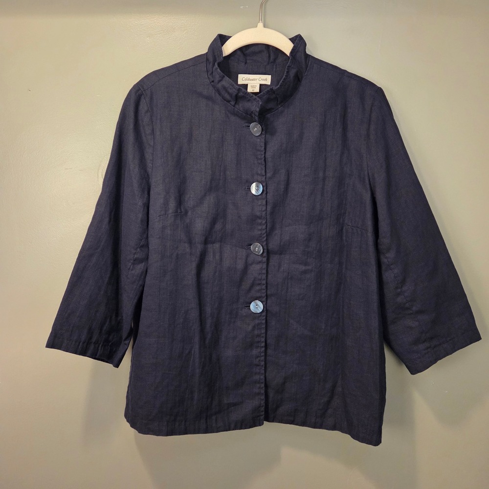 Coldwater Creek Women's Linen 3/4 Sleeve Button Up Jacket Size‎ 12 Navy Blue